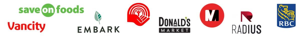 Refood's partners: Vancity Bank, Save On Foods, Embark, Donald's Market, United Way, Radius, RBC