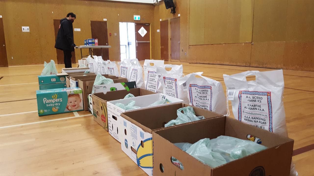 Food boxes and bags ready for distribution